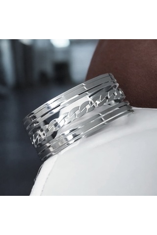 Kadın Çelik Ortası Zincir Detaylı Kalın Kelepçe Bileklik Gümüş Renk Çelik