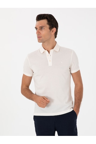 Ekru Slim Fit Polo Yaka Pamuklu Basic T-shirt Bej