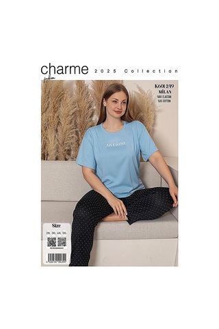 Charme Kadın Büyük Beden Bisiklet Yaka Milan Likralı Kısa Kol Pijama Takımı K601/249 - 1 Adet Mavi