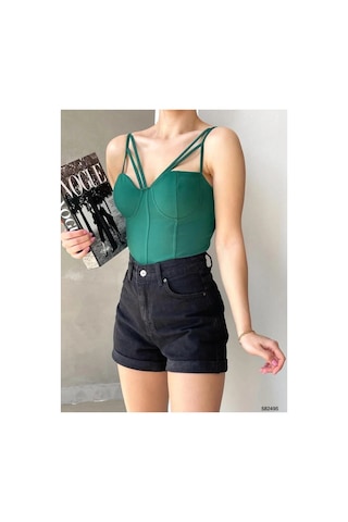 Angbutik Kadın İşçilik V Yaka İnce Askılı Krep Kumaş Crop Büstiyer Saks