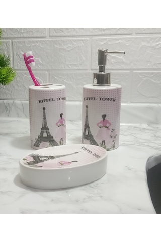 Seramik 3 Lü Banyo Seti Eyfel Kulesi Model 20X20X10Cm Diğer