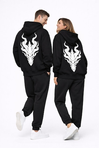 Nevermind Unisex Ejderha Baskılı Beyaz Sevgili Kombini Oversize Hoodie Seti Siyah