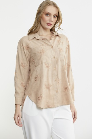 Çiçek Nakış Detaylı Cepli Gömlek - Bej Bej