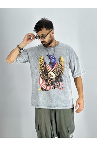 Cocopelli Erkek Yıkamalı Kumaş Baskılı T-shirt Coc2216 Gri