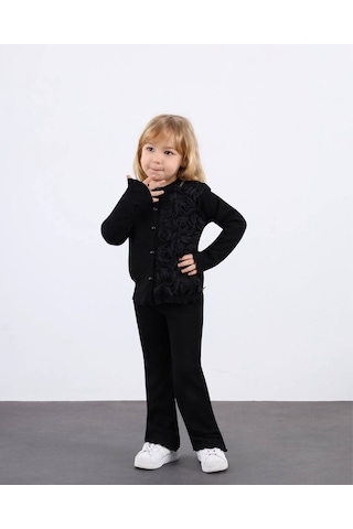 Miniko Kids Kız Çocuk Bayramlık Çiçek Detaylı Kaşkorse Taytlı Takım Siyah