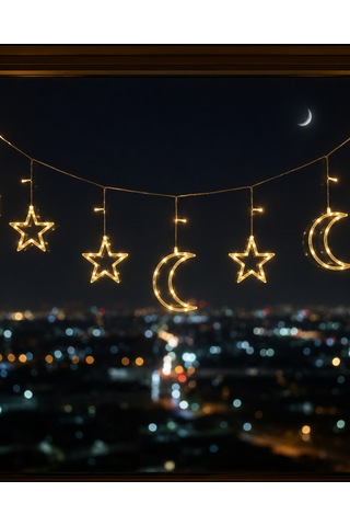 Büyük Ay Yıldız Led Ramazan Süsü Sıcak Beyaz Dekoratif Işık Sarı