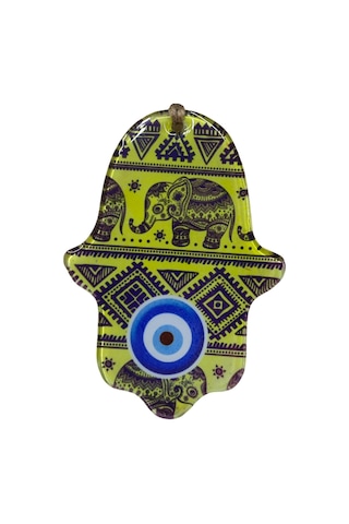 10x15 Cm Cam Fatma Ana Eli Duvar Süsü - Filli Ve Nazarlık Motifli Otantik Duvar Dekoru - Jüt İpli Sarı Hamsa Eli Ev Hediyesi