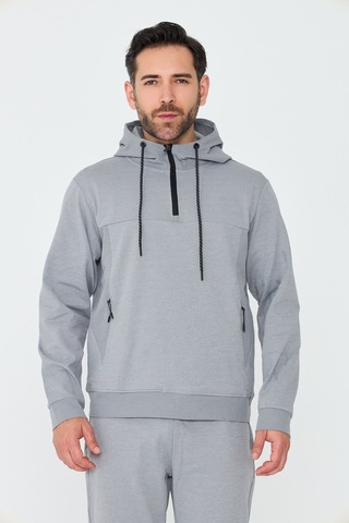 White Stone Gri Kapüşonlu Yarım Fermuarlı Yandan Cepli Erkek Sweatshirt Grey