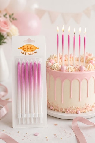Metalik Beyaz Fuşya Uzun Pasta Mumu 17 Cm Karışık