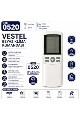 Vestel 0520 Beyaz Klima Kumandası Lcd Ekranlı Isıtma Soğutma Fan Mod Ayarlı Yedek Kumanda