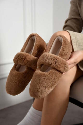Nmoda Ultra Yumuşak Peluş Kadın Ev Babeti Ses Yapmaz Hafif Taban Panduf Koyu Vizon