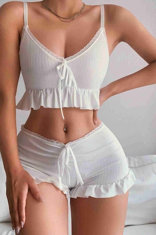 Merry See Özel Örme Kumaş Askılı Şortlu Pijama Takımı Beyaz 001