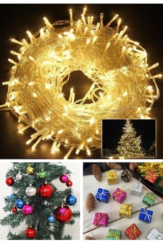 Özel 3 Lü Yılbaşı Seti 12 Adet Mini Hediye Paketi 6 Lı Renkli Çam Ağacı Topları 10 Metre Led Işık Çok Renkli