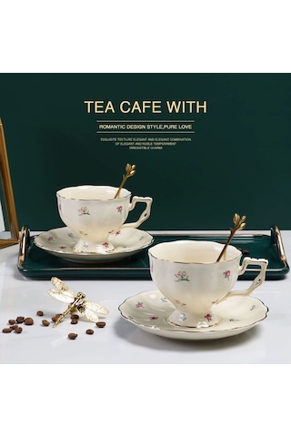 Lemestar Porselen Kahve Fincan Seti 250ml - Büyük Kapasite, Gümüş Kenar, Tabak Ve Kaşık İçeren Fransız Stil Servis Seti Beyaz