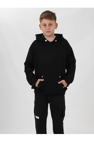 Çocuk Çıtçıt Detaylı Kapüşonlu Pamuklu Sweatshirt-14837 Siyah