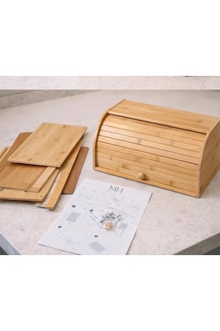 Doğal Bambu Demonte Ekmeklik, Ekmek Kutusu, Kayar Kapaklı, Geniş Hacimli, 38 X 23 X 19 Cm Açık Gri