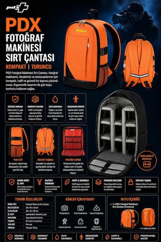 Pdx Fotoğraf Makinesi Sırt Çantası For Nikon Turuncu