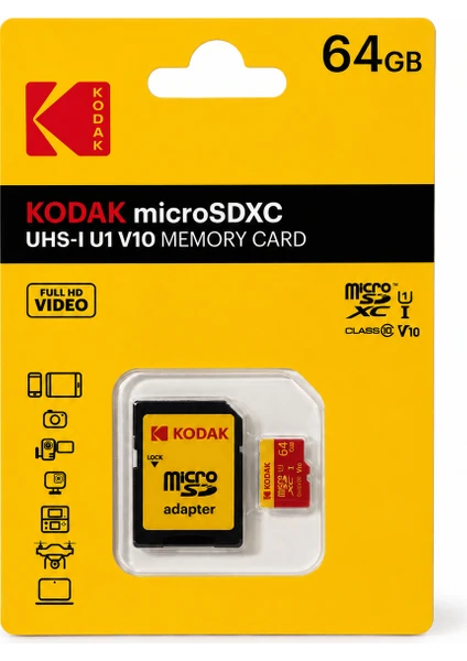 Kodak 64gb Micro Sd Uhs-ı C10 U1 V10 Kart + Adaptör Kırmızı Full Hd Video Desteği