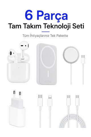 Sbz Apple iPhone Uyumlu Tam Takım Set 6 Parça - Bluetooth Kulaklık - Magsafe Powerbank - Magsafe Şarj Aleti - 35w Usb-c Hızlı Şarj Adaptörü - Usb-c To Lightning Ve Type-c To Type-c Hızlı Şarj Kablosu
