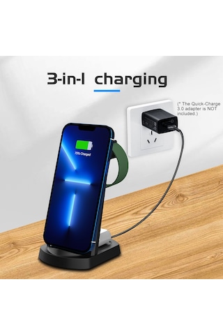 Honmex Siyah 15w Üçlü Kablosuz Şarj Cihazı - Telefon Ayaklı Tutucu, Saat Ve Kulaklık Şarj Edici