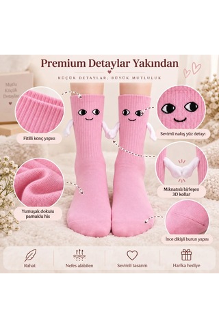 Womanandkids Wak Mıknatıslı El Ele 2'li Unisex Tutuşan Sevimli Çorap 36-44 Çift Hediyesi, Pamuklu Renkli Crew M Pembe