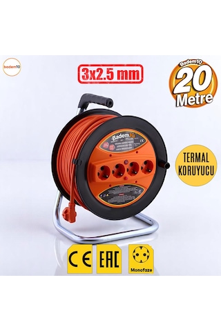 Makaralı Uzatma Kablosu 3x2.5 Mm 20 Metre Plastik Seyyar Makara 4 Prizli Monofaze Termal Sigortalı