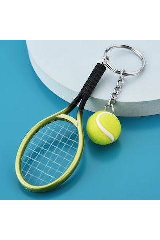 Güncelçarşı Mini Gerçekçi Tenis Raketi Ve Topu Anahtarlık, Hediyelik Anahtarlık Metal Anahtarlık Tenis Topu Kolye Ucu Yeşil