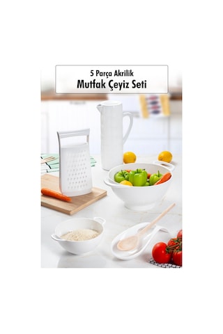 Akrilik Beyaz 5 Parça Sürahi & Rende & Süzgeç & Mini Süzgeç & Kaşıklık & Mutfak Çeyiz Seti