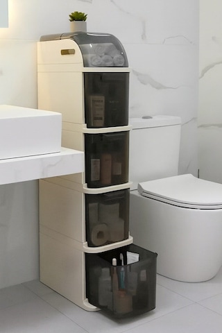 5 Katlı Portatif Dolap Çok Amaçlı Tekerlekli Banyo Dolabı Şeffaf Kapaklı Düzenleyici Beyaz