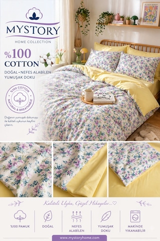 %100 Pamuk Çift Kişilik Nevresim Takımı Spring Bloom Sarı Sarı Lila Yeşil