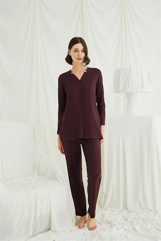 Veraura Lifestyle Kadın Uzun Kollu Boydan Düğmeli V Yaka Pijama Takımı Mürdüm