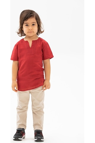 Eliş Şile Bezi Kısa Kol Şile Bezi Bisiklet Yaka Erkek Çocuk Tshirt Kırmızı 3051