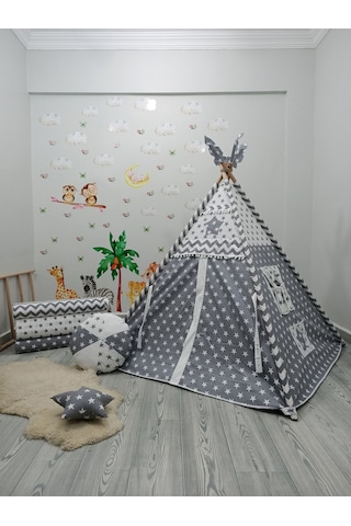 Meloon Kızıldereli Çocuk Oyun Çadırı Devrilmeyen Sabitleme Mekanizmalı Gri - Beyaz