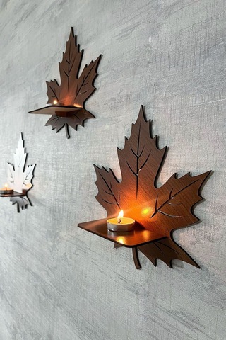 Dekoratif Ceviz Yaprak Desen Duvar Rafı 3 Lü Set 25 Cm Duvar Mumluğu - Mumluk Raf - Ahşap Desen Siyah