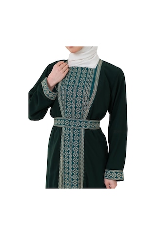 Zaytoon Nakışlı İç Elbiseli Ve Kemerli İki Parçalı Filistin Mirası Abaya Seti Yeşil