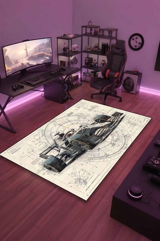 F1 Tema Blueprint Halı Dijital Baskı Yıkanabilir Kaymaz Taban Leke Tutmaz Çok Renkli-65