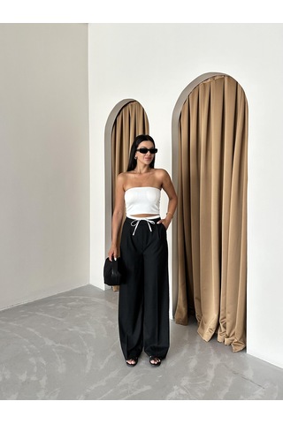 Siyah Bel Bantı Detaylı Yan Fermuarlı Pantolon Siyah