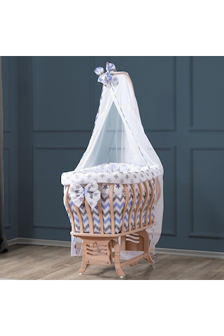 Setaymobilya Doğal Ağaç Beşik, Kristal Çizgili Sepet Beşik +Uyku Seti+Cibinlik