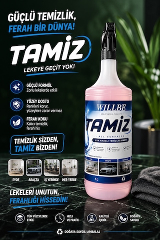 Willbe Tamiz Çok Yüzeyli Temizlik Spreyi Leke Çıkarıcı Yağ Çözücü 1l All Surfaces