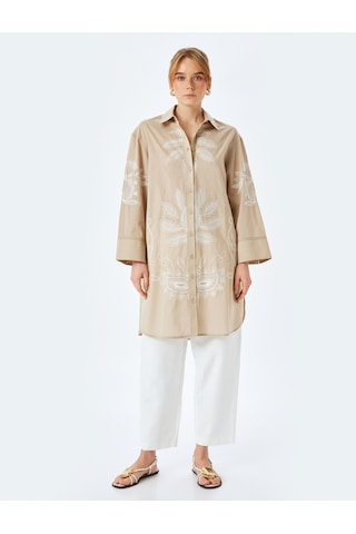 Koton Pamuklu Floral İşleme Detaylı Gömlek Yaka Uzun Oversize Tunik Kahverengi Desenli 5sak60009ew Kahverengi Desenli