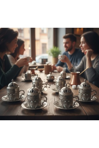 Defne 6 Kişilik 24 Parça Porselenli Gümüş Renk Kahve Fincan Seti Gümüş