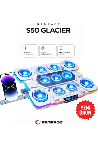 Rampage S50 Glacier Beyaz Rgb Işıklı 11 Fanlı Lcd Göstergeli 1 Type C 1 Usb Girişli Yükselebilen Notebook Soğutucu