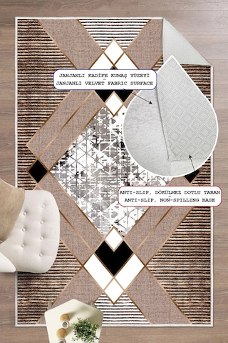 Geometrik Desenli Makinede Yıkanabilir Kaymaz Taban Oturma Odası Salon Halı Koridor Halı Bej