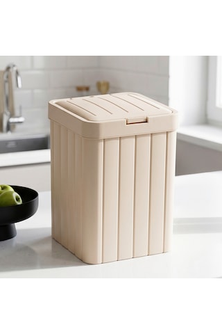 Porsima G-853 Linny Kare Çöp Kutusu Banyo Mutfak Çöp Kovası Kapaklı Banyo Çöp Kovası 10lt Bej