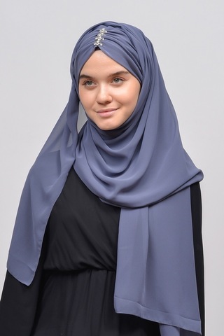 Altobeh Zarif Taşlı Drapeli Hazır Pratik Şifon Kadın Tesettür Şal - Gümüş