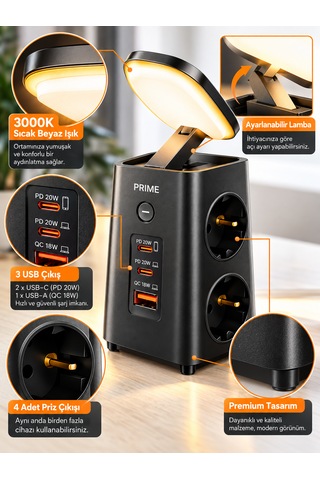 Akım Korumalı 4'lü Priz 1 Usb 2 Type-c Gece Lambalı Masaüstü Hızlı Şarj Çoklayıcı 0 - 2 M