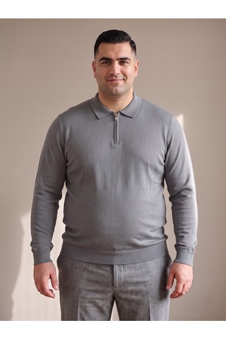 Maccali Erkek Gri Büyük Beden Düz Fermuarlı Polo Yaka Triko Kazak