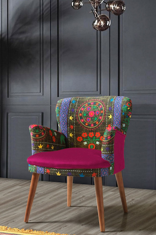 Kayser Home Berjer - Tekli Koltuk - Etnik Desen - Ahşap Ayak - Nubuk Kumaş - Fuşya Fuşya