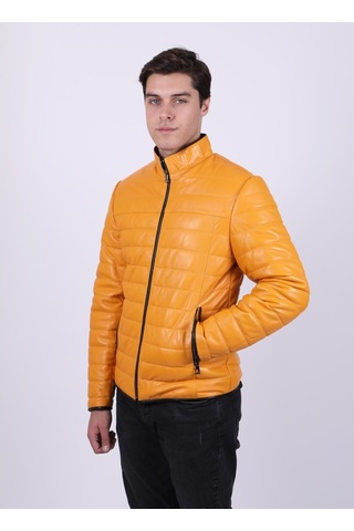 New Zaya Leather Erkek Şişme Sarı Deri Ceket Sarı