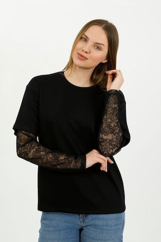 Hdm Kadın Siyah Kolu Dantelli Oversize Bisiklet Yaka Tişört - H6060